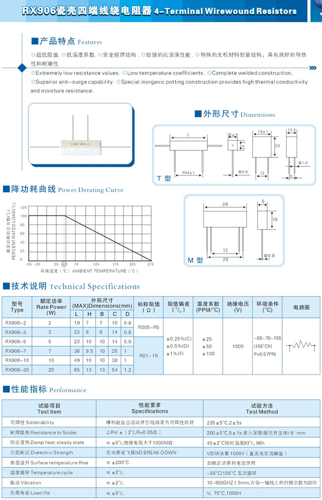 RX906瓷壳四端线绕水泥电阻器